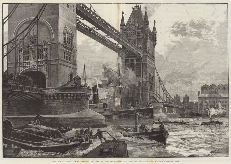 Thamesin yli pystytettävä Tower Bridge, Walesin prinssin viime maanantaina laskema peruskivi tekijältä William Heysham Overend