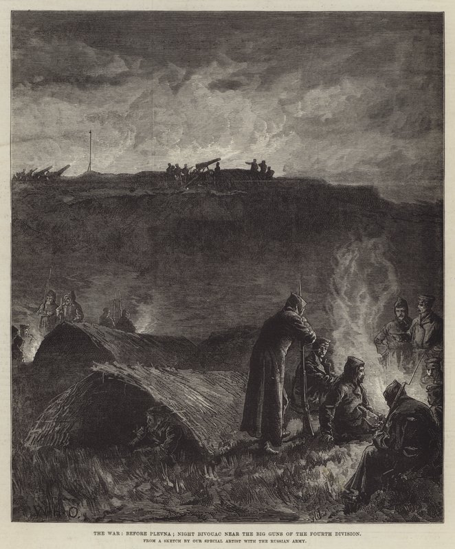 Sota ennen Plevnaa; Night Bivouac lähellä neljännen divisioonan suuria aseita tekijältä William Heysham Overend