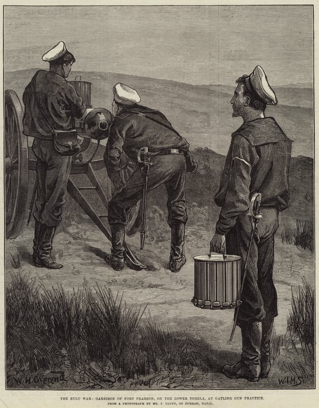 Zulujen sota, Fort Pearsonin varuskunta, Ala-Tugelassa, Gatlingin aseharjoittelussa tekijältä William Heysham Overend