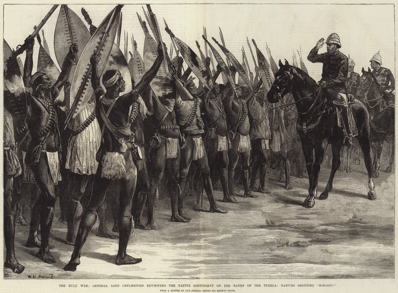 Zulu-sota, kenraali Lordi Chelmsford arvioi alkuperäiskontingenttia Tugelan rannoilla, alkuperäisasukkaat huutavat H-H-Ooo! tekijältä William Heysham Overend