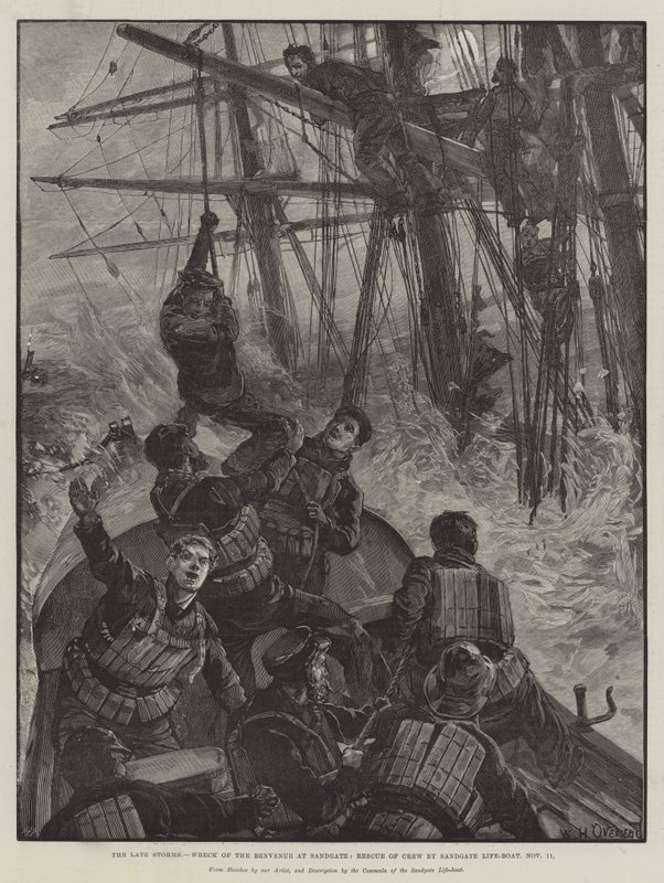 Myöhäiset myrskyt, Sandgaten Benvenuen hylky, Sandgaten pelastusveneen miehistön pelastus, 11. marraskuuta tekijältä William Heysham Overend