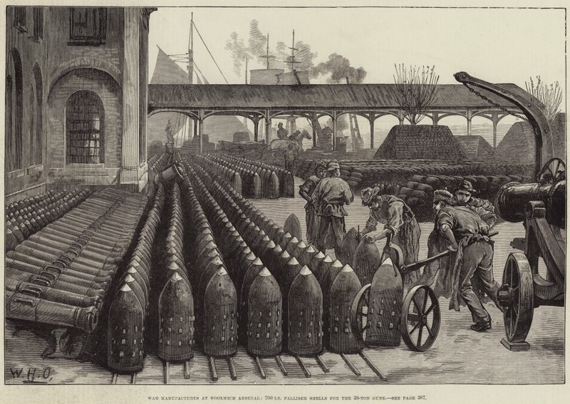Woolwich Arsenalin sotatehtaita, 700 lb Palliser-kuoret 38 tonnin aseille tekijältä William Heysham Overend
