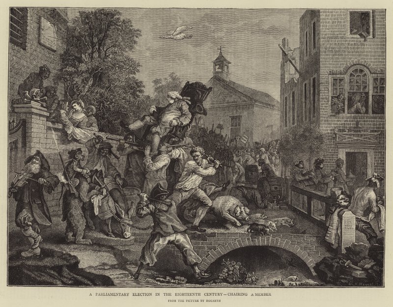 Eduskuntavaalit 1700-luvulla, puheenjohtajana jäsen tekijältä William Hogarth