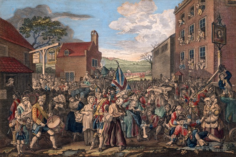 Esitys kaartin marssista kohti Skotlantia vuonna 1745. tekijältä William Hogarth