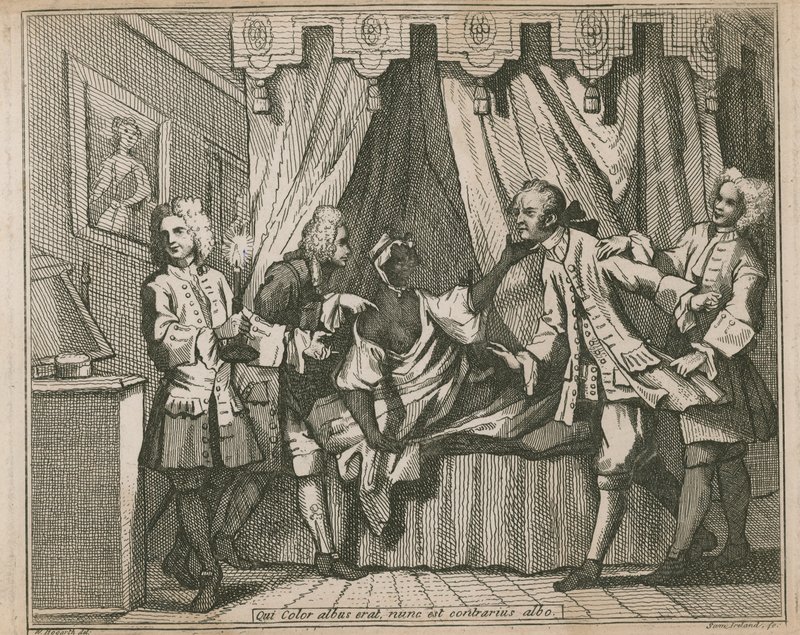 Hän, joka oli nyt valkoinen, on valkoisen vastakohta; Neljä miestä kohtaa mustan naisen hänen makuuhuoneessaan tekijältä William Hogarth