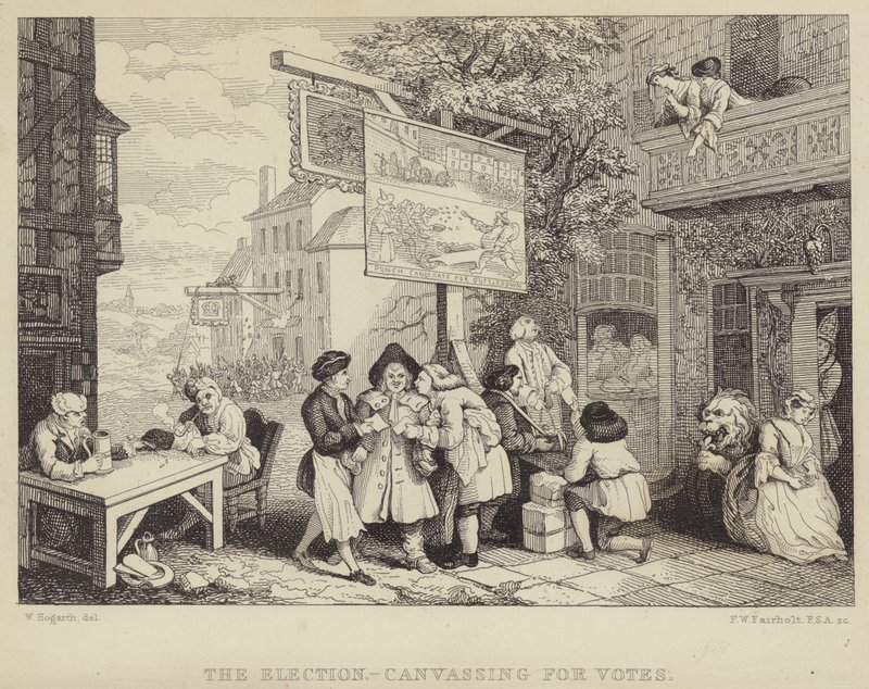Vaalit – äänestys: satiiri vuoden 1755 parlamenttivaaleista, yksi neljästä sarjasta, jonka otsikko on Huumoria vaaleista tekijältä William Hogarth
