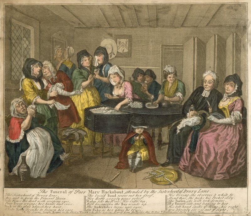 Drury Lanen sisarkunta osallistui Mary Hackabout-paran hautajaisiin. tekijältä William Hogarth
