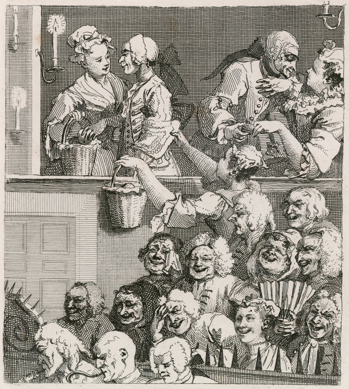 Naurava yleisö. Hogarthin näkemys Drury Lanesta oransseine neitoineen vuonna 1733. tekijältä William Hogarth