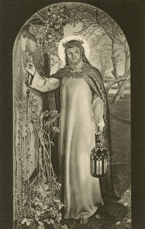 Maailman valo, maalaus Keble Collegessa, Oxford, Oxfordshire, kuvaa Kristusta kantamassa lyhtyä ja koputtamassa oveen (m/w kuva) tekijältä William Holman (after) Hunt