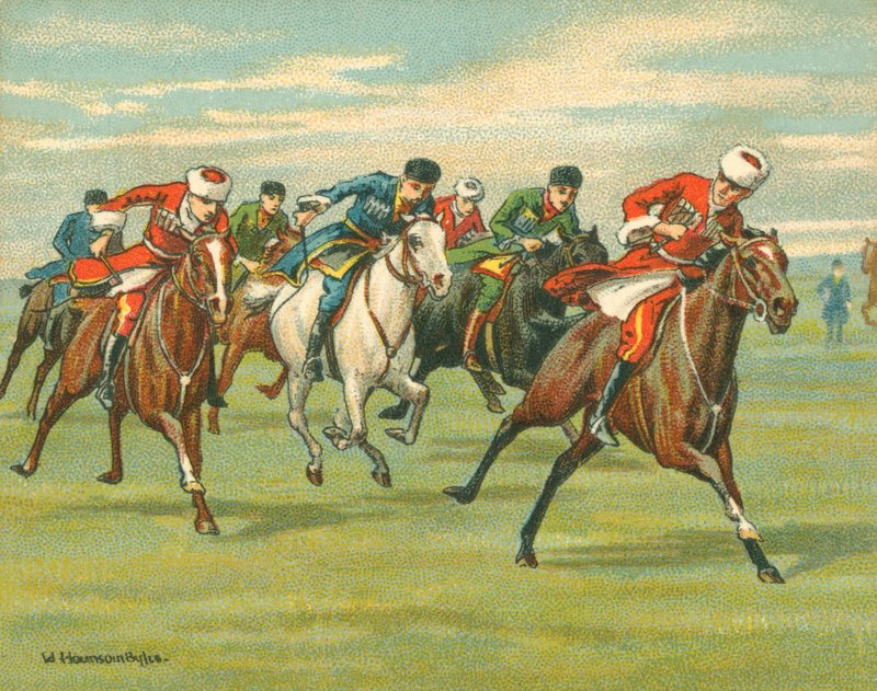 Historialliset ja modernit kilpailut, kasakkahevoskilpailut (chromolitho) tekijältä William Hounsom Byles