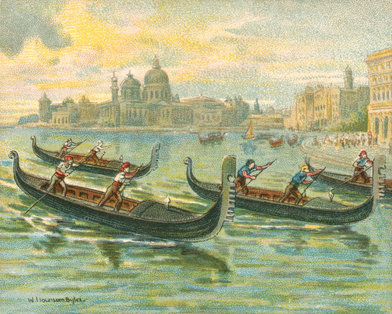 Historialliset ja modernit kilpailut, gondolikilpailut (chromolitho) tekijältä William Hounsom Byles