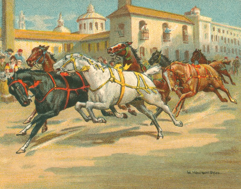 Historialliset ja nykyaikaiset kilpailut, ratsastajattomat hevoskilpailut Italiassa (chromolitho) tekijältä William Hounsom Byles