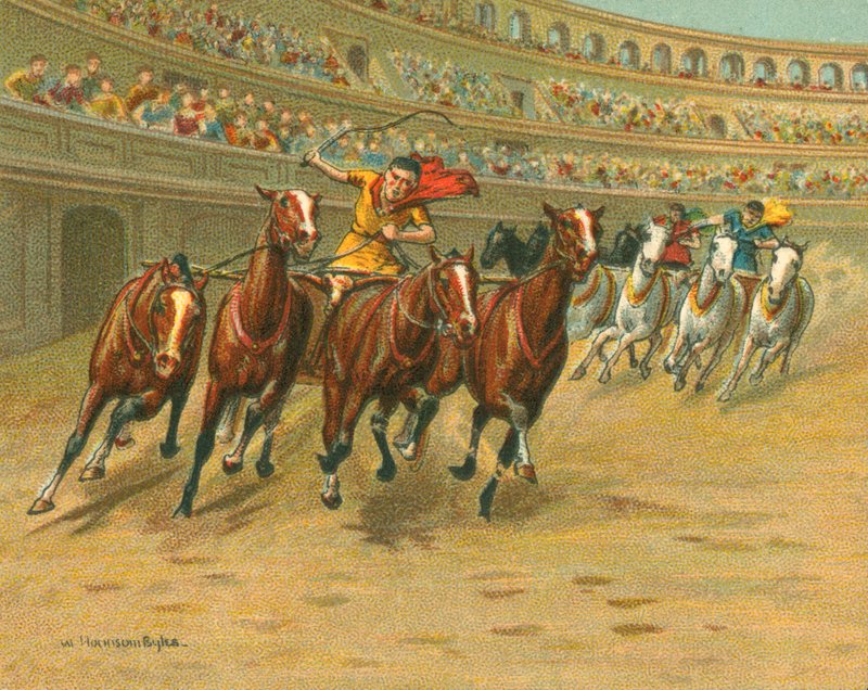 Historialliset ja nykyaikaiset kilpailut, roomalaiset vaunukisat (chromolitho) tekijältä William Hounsom Byles