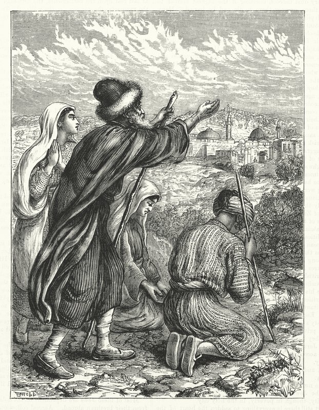 Juutalaisia pyhiinvaeltajia Jerusalemin näköpiirissä (kaiverrus) tekijältä William James Webbe