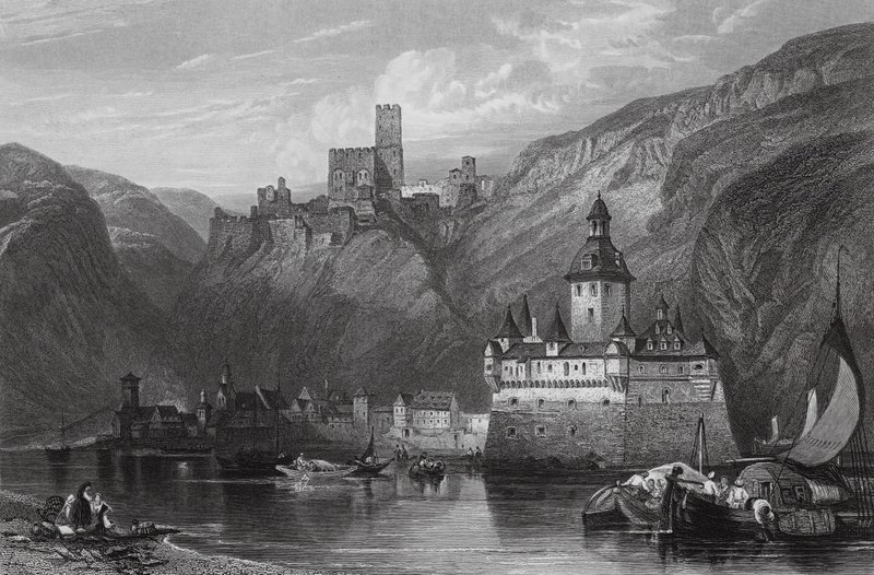 Caub, Gutenfelsin linna ja Pfalz, Rein (kaiverrus). tekijältä William Leighton (after) Leitch