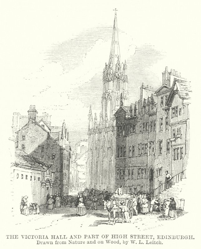 Victoria Hall ja osa High Streetiä, Edinburgh (kaiverrus) tekijältä William Leighton (after) Leitch
