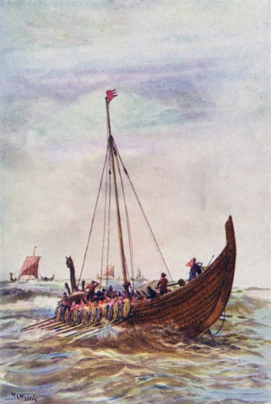 Kuningas Alfredin ajan sotalaiva (väri litho) tekijältä William Lionel (after) Wyllie