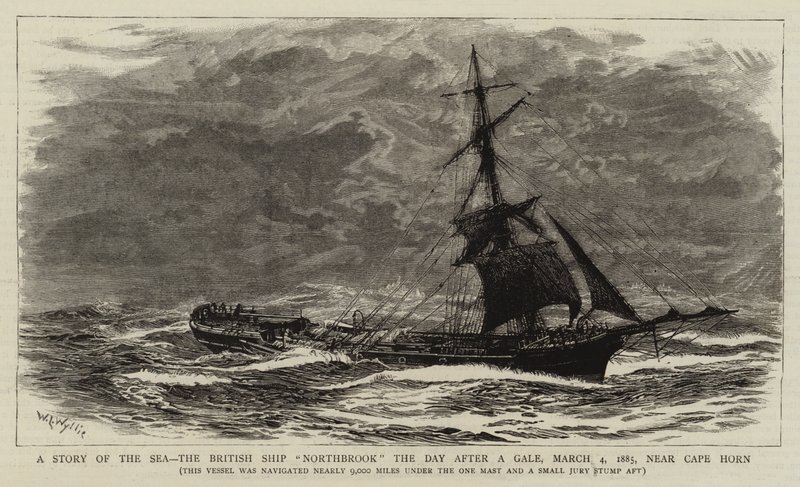 A Story of the Sea, brittiläinen laiva Northbrook räjähdyksen jälkeisenä päivänä, 4. maaliskuuta 1885, lähellä Cape Hornia tekijältä William Lionel Wyllie