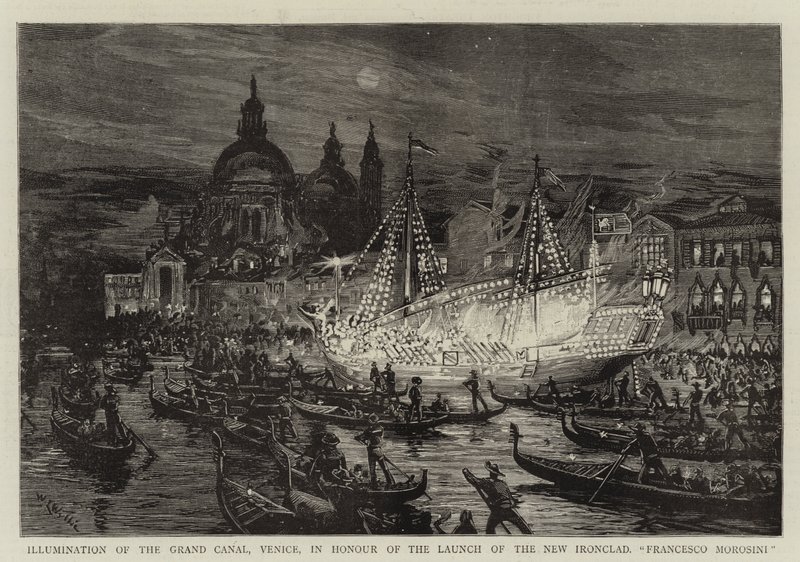 Venetsian Grand Canal -kanaalin valaistus uuden rautalaivan vesillelaskun kunniaksi, Francesco Morosini. tekijältä William Lionel Wyllie