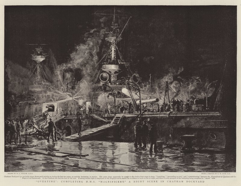 Ylityö, HMS Magnificent, yökohtaus Chatham Dockyardissa tekijältä William Lionel Wyllie