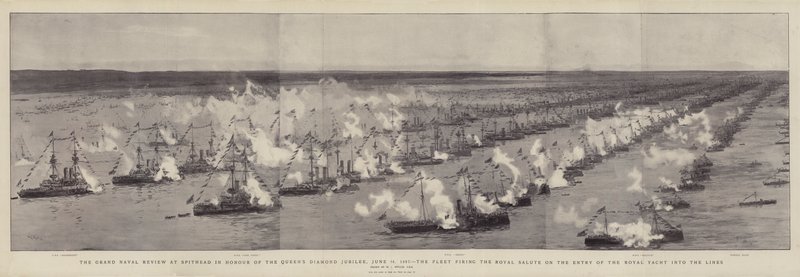 Grand Naval Review Spitheadissa kuningattaren timanttijuhlavuoden kunniaksi, 26. kesäkuuta 1897, laivasto ampui kuninkaallisen tervehdyksen kuninkaallisen huviveneen saapuessa linjoille tekijältä William Lionel Wyllie