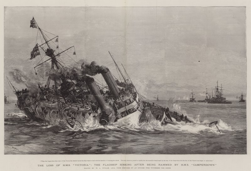 HMS Victorian menetys, lippulaiva, joka upposi HMS Camperdownin törmäyksen jälkeen tekijältä William Lionel Wyllie