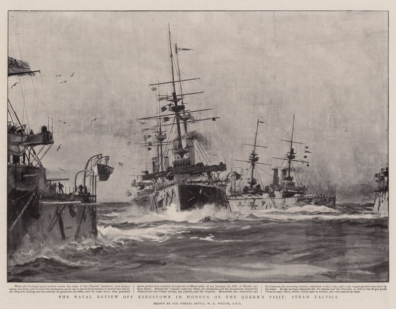 The Naval Review off Kingstownin kunniaksi kuningattaren vierailulle, Steam Tactics tekijältä William Lionel Wyllie