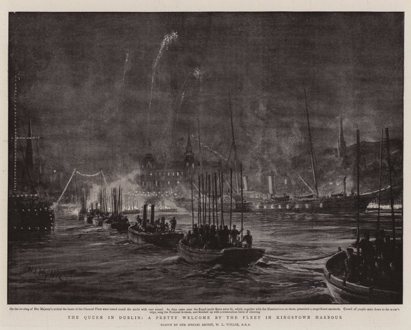 Kuningatar Dublinissa, laivaston kaunis tervetulotoivotus Kingstown Harborissa tekijältä William Lionel Wyllie