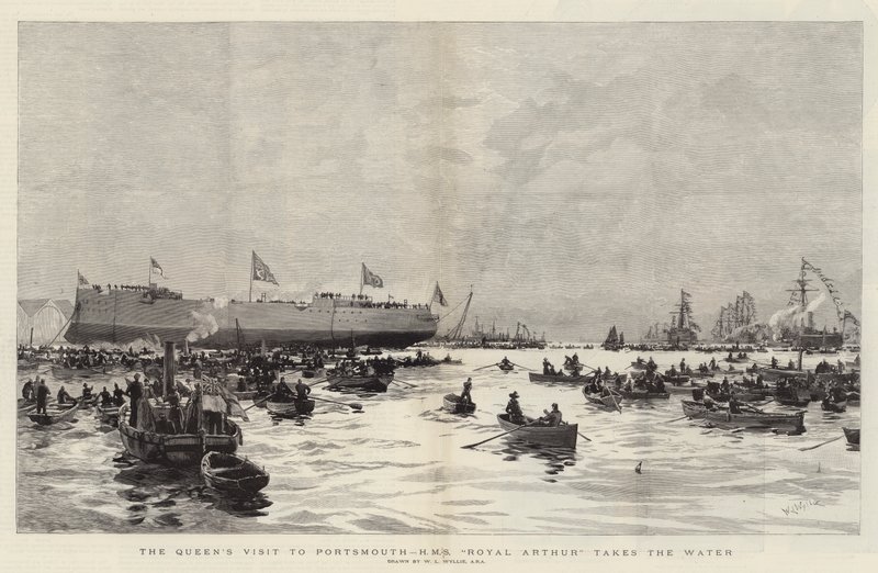 Kuningattaren vierailu Portsmouthissa, HMS Royal Arthur lähtee vesille tekijältä William Lionel Wyllie