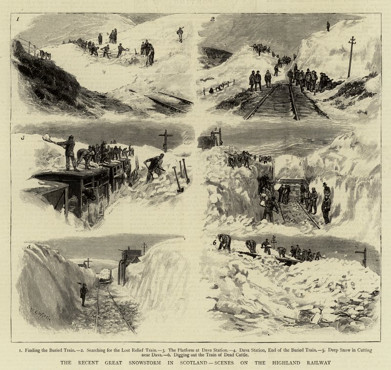 Viimeaikainen suuri lumimyrsky Skotlannissa, kohtauksia Highlandin rautatiellä tekijältä William Lionel Wyllie