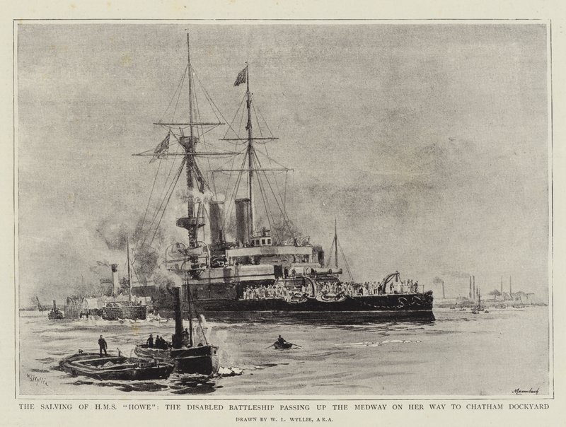 HMS Howen pelastaminen, vammaisten taistelulaiva ohittaa Medwayn matkalla Chathamin telakalle tekijältä William Lionel Wyllie