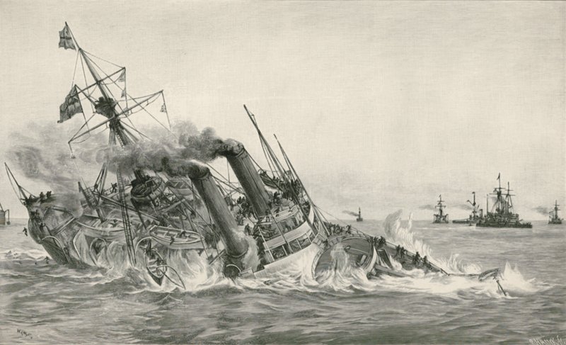 H. M. S. Victorian uppoaminen törmäyksen jälkeen H. M. S. Camperdownin kanssa. tekijältä William Lionel Wyllie