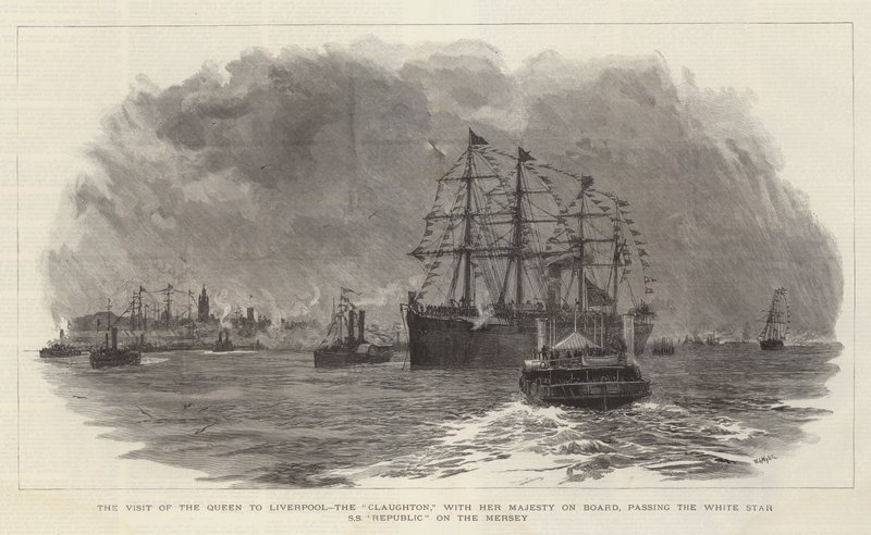 Kuningattaren vierailu Liverpooliin, Claughton, hänen Majesteettinsa kanssa aluksella, ohittaen White Star SS Republicin Merseyllä tekijältä William Lionel Wyllie