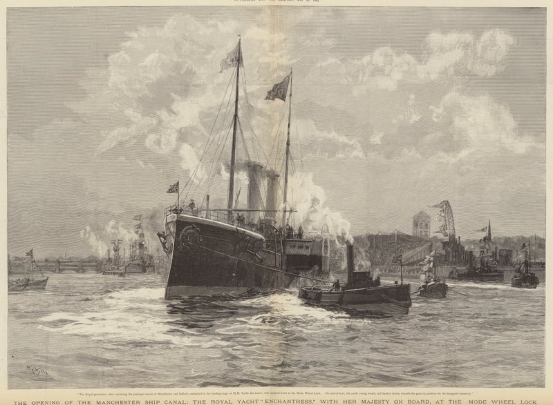 Manchester Ship Canalin avaaminen, Royal Yacht Enchantress hänen Majesteettinsa kanssa aluksella Mode Wheel Lockissa tekijältä William Lionel Wyllie