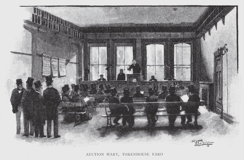 Huutokauppakeskus, Tokenhouse Yard (litho) tekijältä William Luker