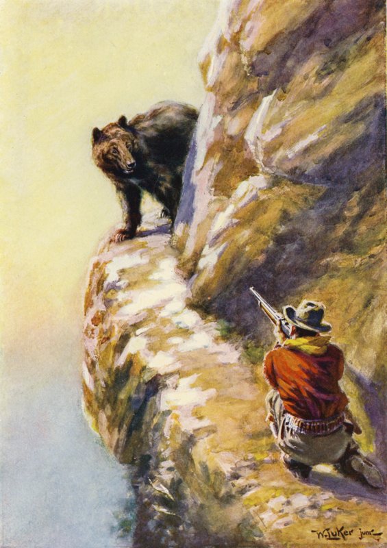 Miehen ja karhun vastakkainasettelu kapealla vuorenkielekkeellä (värinen lito) tekijältä William Luker