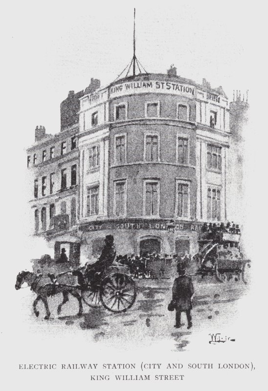 Sähkörautatieasema, City ja Etelä-Lontoo, King William Street (litho) tekijältä William Luker