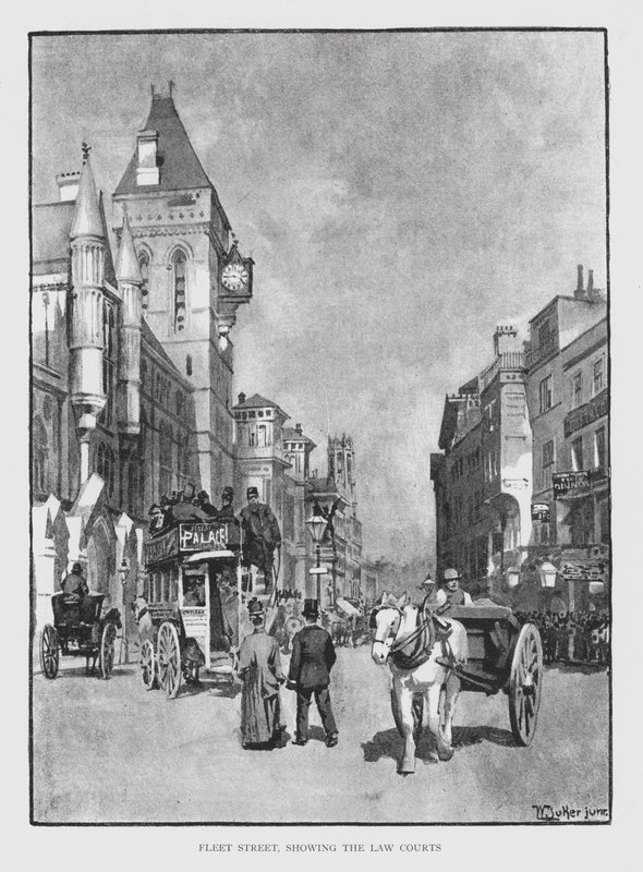 Fleet Street, joka näyttää lakituomioistuimet (litho) tekijältä William Luker