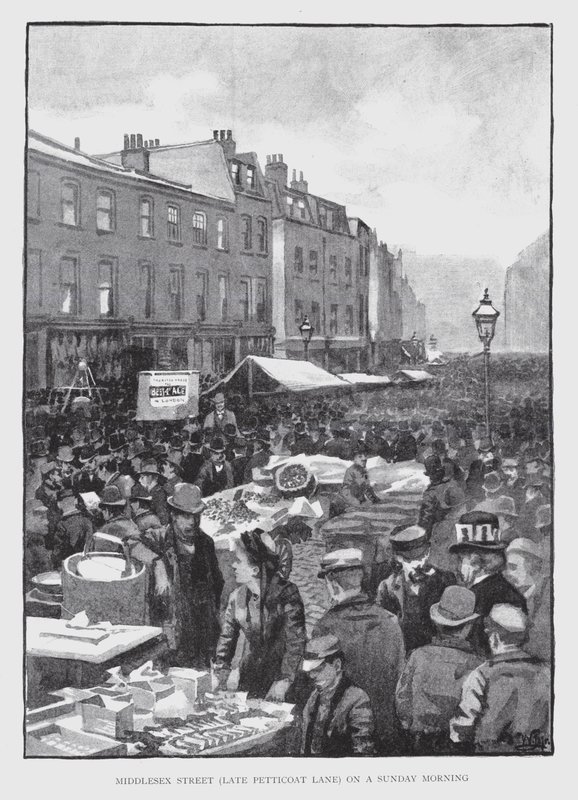 Middlesex Street, myöhäinen Petticoat Lane, sunnuntaiaamuna (litho) tekijältä William Luker