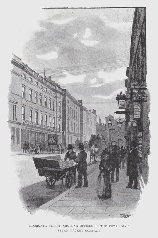 Moorgate Street, joka näyttää Royal Mail Steam Packet Companyn (litho) toimistot tekijältä William Luker