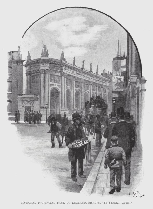 National Provincial Bank of England, Bishopsgate Street sisällä (litho) tekijältä William Luker