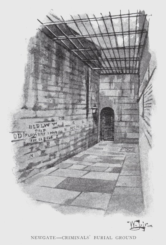 Newgate, rikollisten hautausmaa (litho) tekijältä William Luker