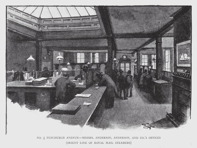 No 5 Fenchurch Avenue, herrat Anderson, Anderson ja Co:n toimistot, Orient Line of Royal Mail Steamers (litho) tekijältä William Luker