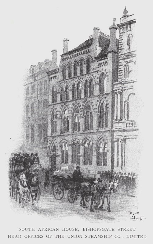 South African House, Bishopsgate Street, Union Steamship Co, Limitedin pääkonttori (litho) tekijältä William Luker