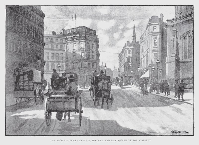 Mansion House Station, District Railway, Queen Victoria Street (litho) tekijältä William Luker