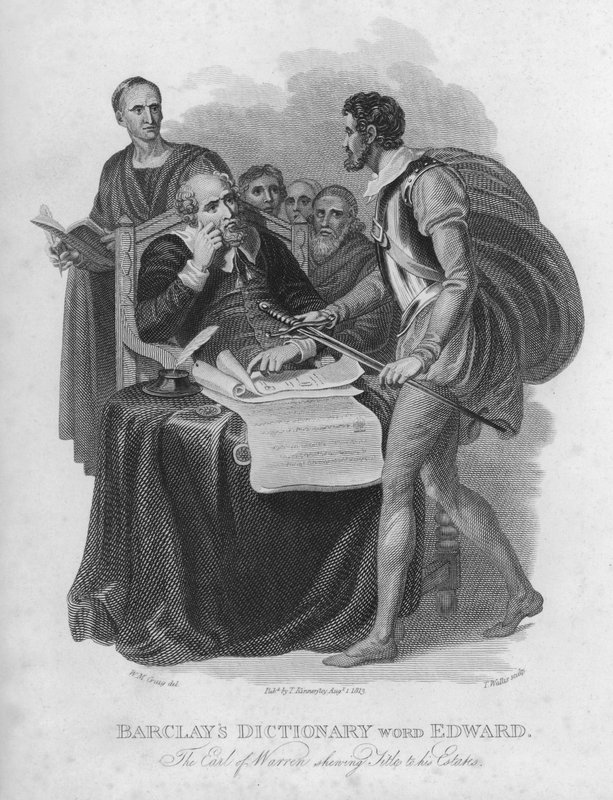 Barclays-sanakirja, sana: Edward, Warrenin jaarli, joka näyttää tittelinsä omaisilleen (kaiverrus) tekijältä William Marshall (after) Craig