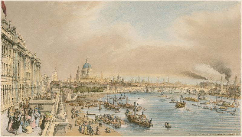 Somerset House, St Paulin katedraali ja Blackfriars Bridge Waterloo Bridgestä, n. 1840 tekijältä William Parrott