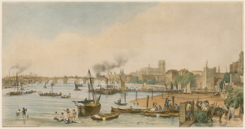 Westminster ja Hungerford Waterloo Bridgeltä, n. 1840 tekijältä William Parrott