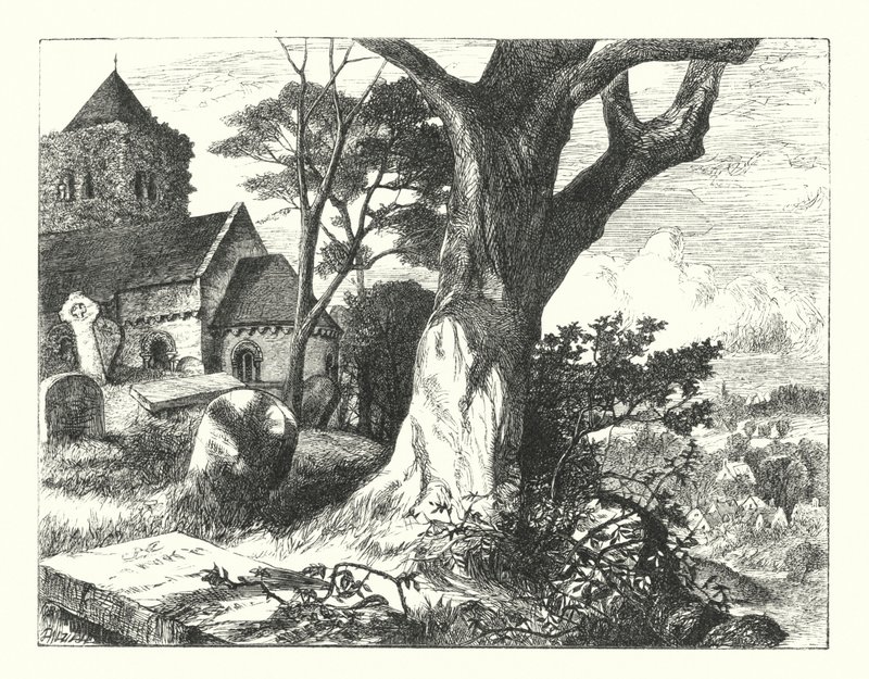 Kylän kirkkopiha (kaiverrus) tekijältä William Paton Burton