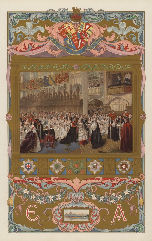 Tulevan kuningas Edward VII:n ja kuningatar Alexandran häät St Georgen kappelissa, Windsorissa, 10. maaliskuuta 1863 (värilitho) tekijältä William Powell (after) Frith